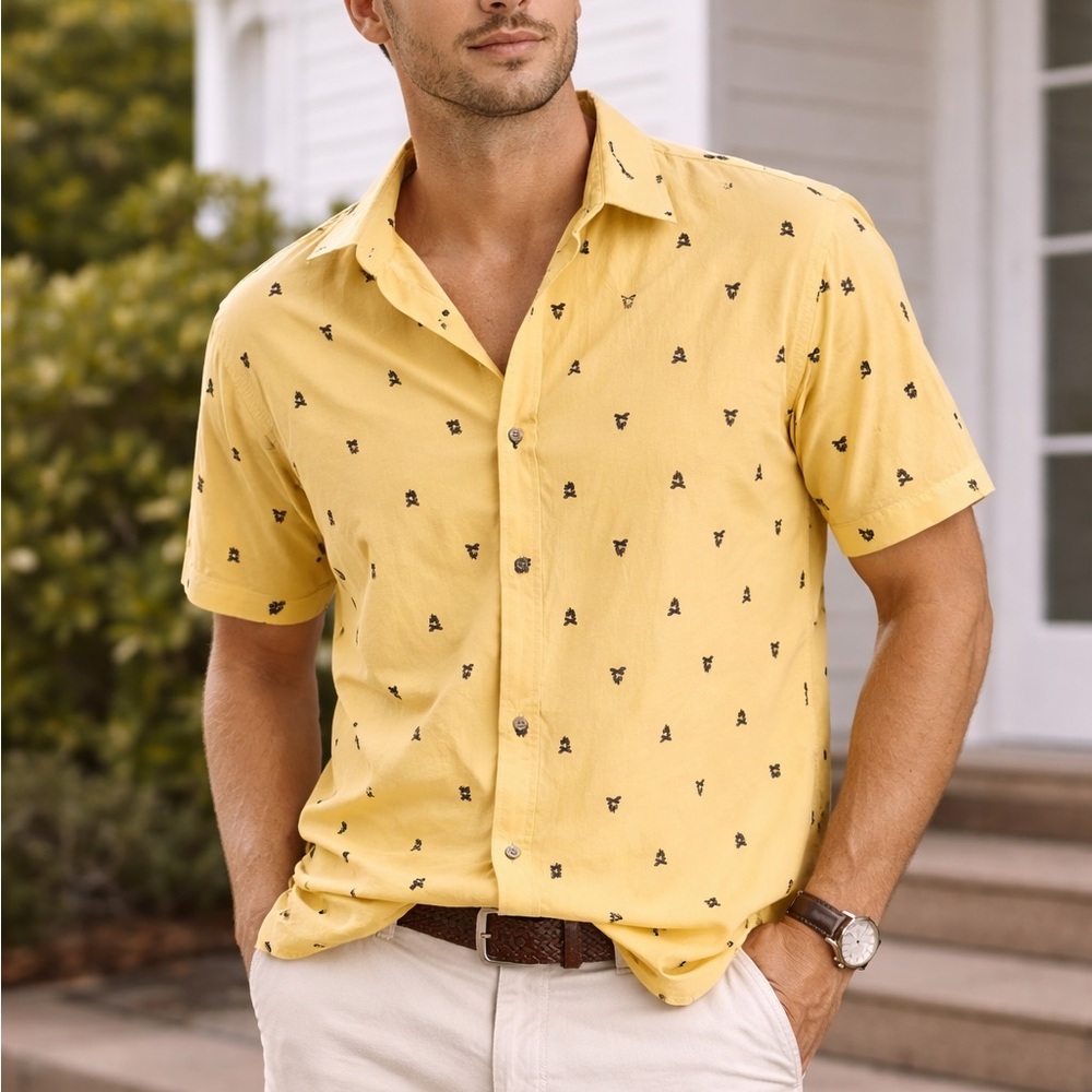 Tallwoods MENS Campfire Print Short Sleeve Button Up Shirt Yellow Size XL